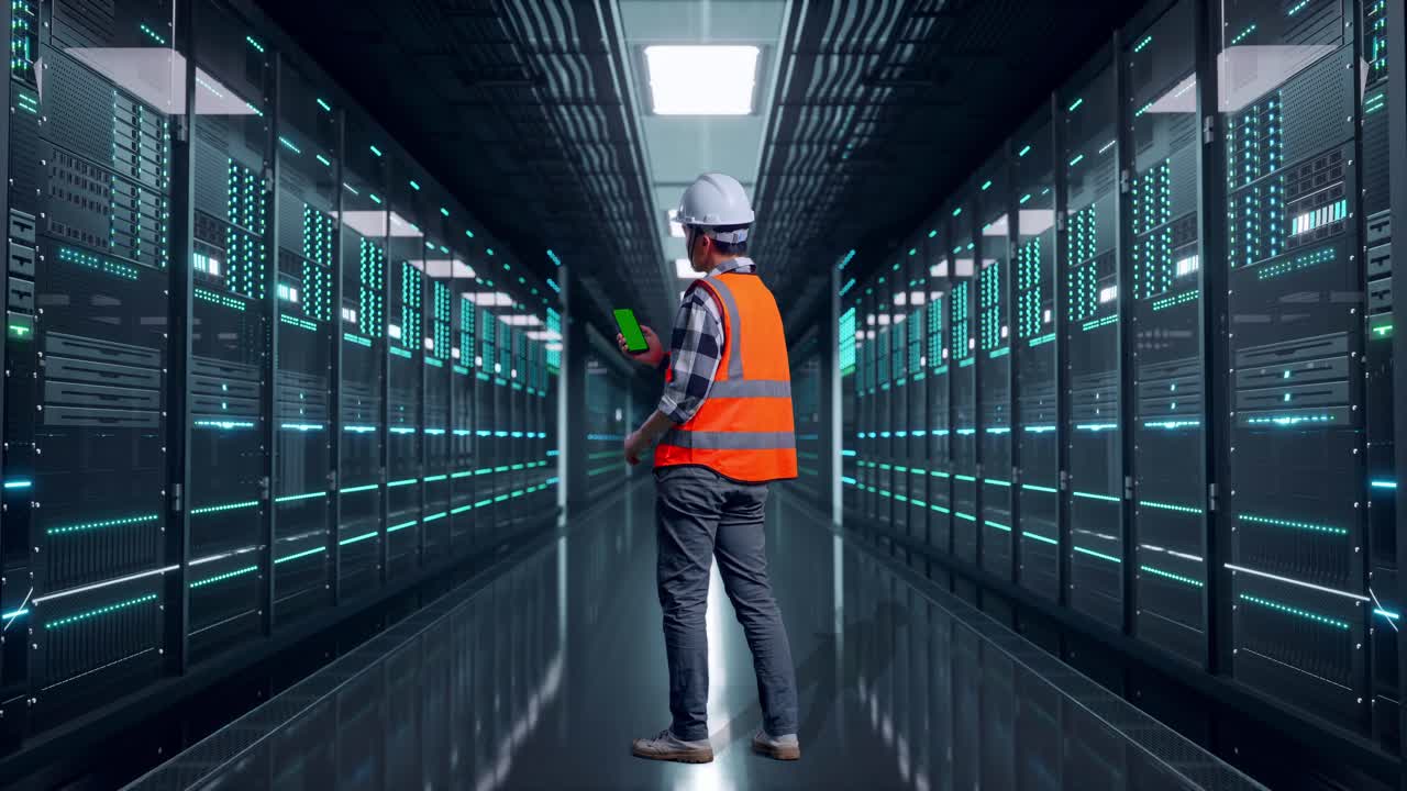 Full Body Back View Of Asian Male Engineer With Safety Helmet Working On A Green Screen Smartphone And Looking Around While Standing in Server Room Data Center
