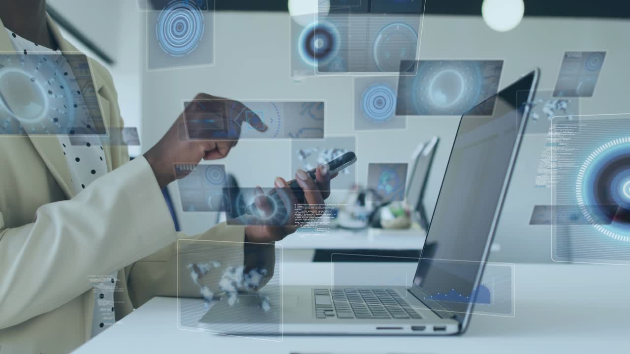 Mid adult woman tapping smartphone and revealing holographic panels while navigating business data