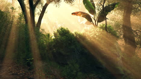 la luz del sol filtrándose a través de los árboles en un bosque exuberante durante la madrugada