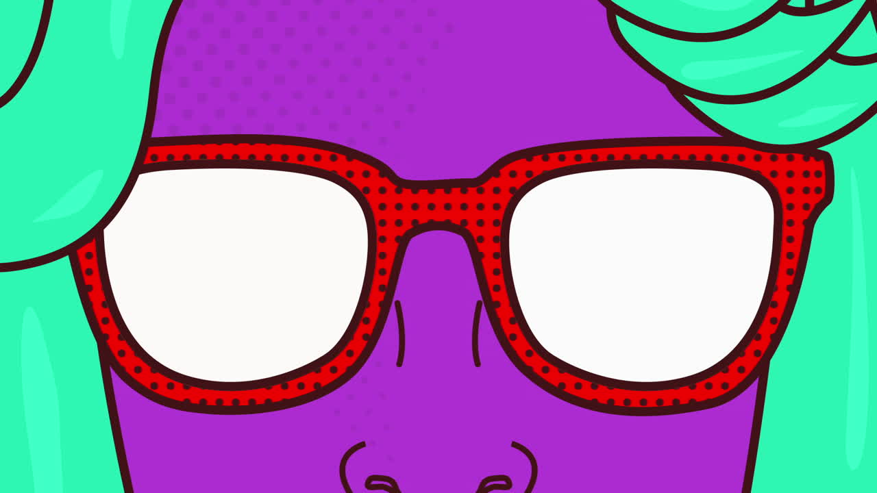 animación de una mujer púrpura de dibujos animados con gafas rojas sobre un fondo amarillo