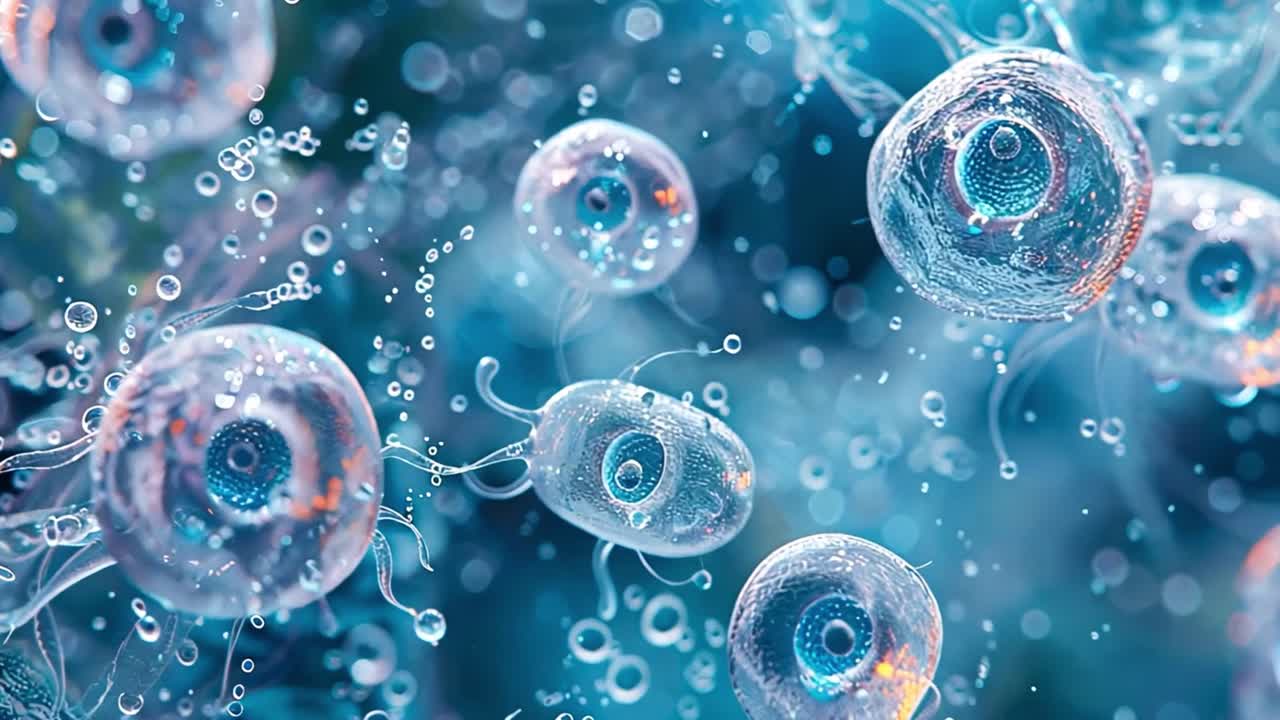 Abstract Microscopic Organisms in Blue Fluid