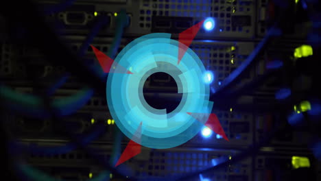 rotating blue and red circular animation over server racks with blinking lights