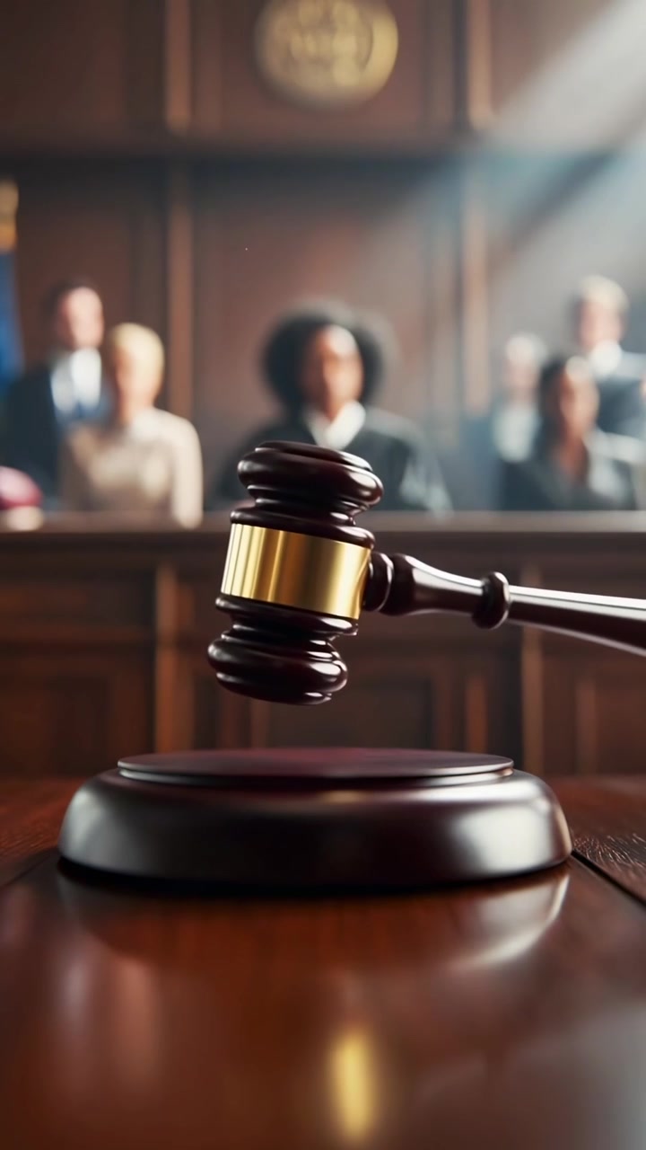 Martello del giudice che batte su una scrivania di legno in un'aula di tribunale