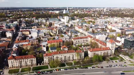 Downtown-of-Kaunas-city-on-sunny-day,-aerial-panoramic-view