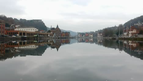 Aerial-view-of-a-village-by-a-canal