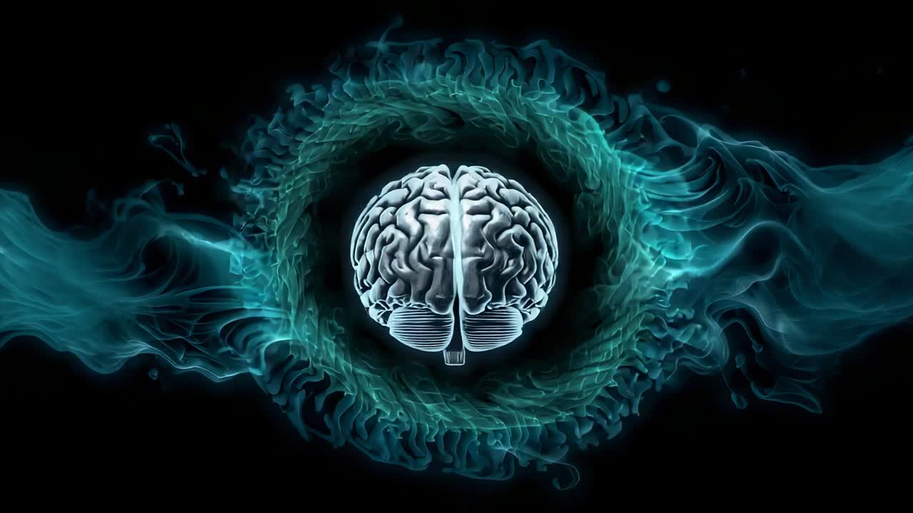 Rotating 3D brain in black digital void after teal halo coalescing, illustrating neural energy flow