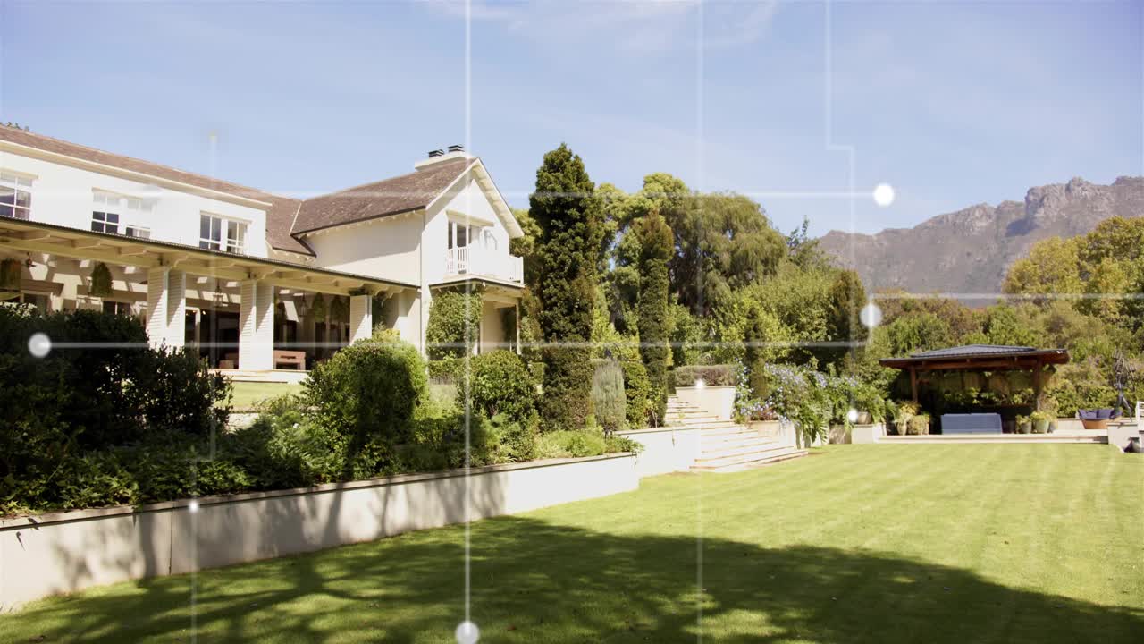 Frame four bright nodes appearing and linking over two-story house and lawn, mapping garden network