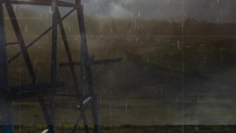 animación de la lluvia y la tormenta sobre los postes de electricidad al atardecer