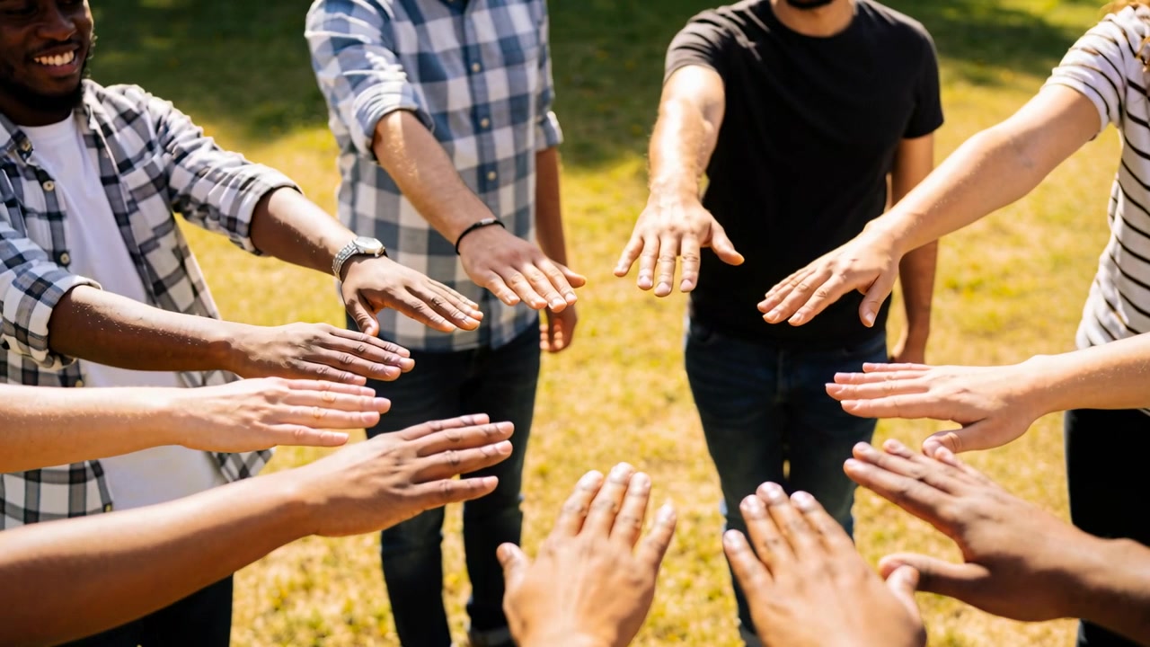 Extending on cue group aligning hands and forearms in casual clothes at sunlit park for huddle