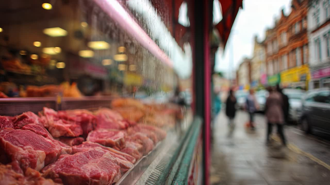 A Vibrant Display of Fresh Meat in a Butcher's Shop Under a Rainy Atmosphere, Capturing the Essence of Urban Life with Busy Passersby and Colorful Storefronts