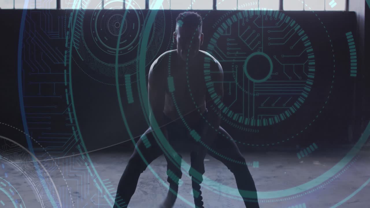 animación de conexiones de microprocesador sobre un hombre haciendo ejercicio con cuerdas