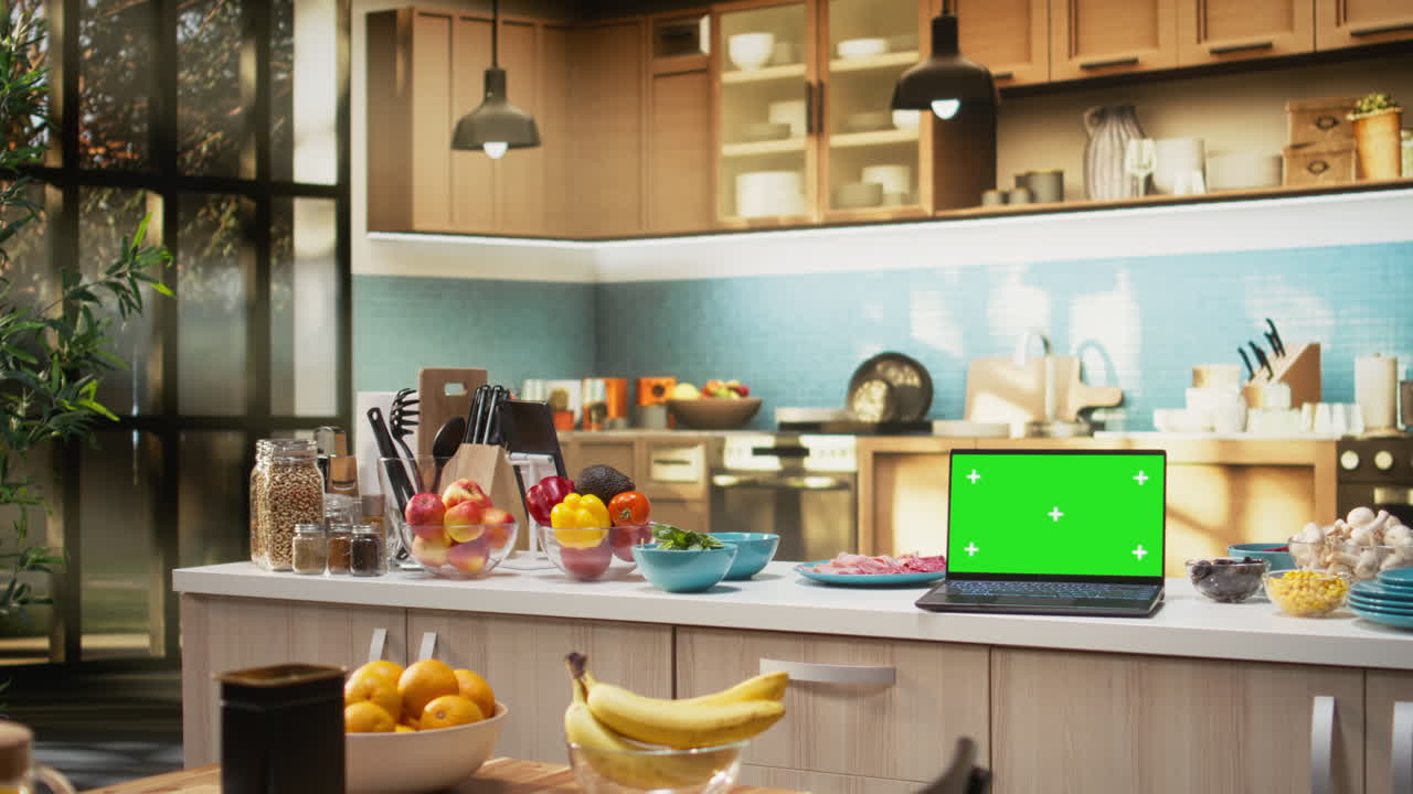 Chroma key screen laptop placed on empty wooden table in rustic kitchen space