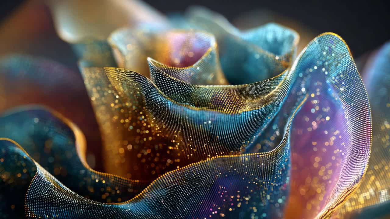 Stunning Abstract Rose Representation Showcasing Delicate Petals Wrapped in Shimmering Textures, Blending Soft Colors of Blue, Gold, and Purple for an Enchanting Visual Experience
