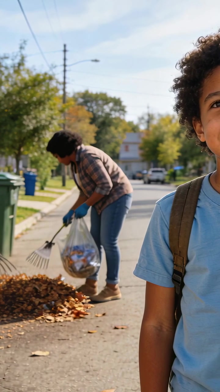 Vertical video: Leaves urging gloved mom raking bagging curb, kid in blue tee posing, copy space