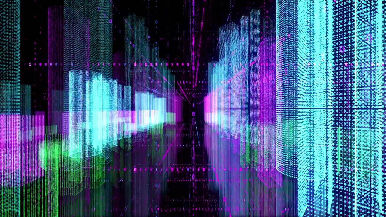 Seamless color loop abstract hologram 3D digital night city rendering with futuristic matrix. Animation buildings with binary code particles network
