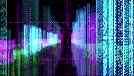 holograma abstracto de bucle de color sin costuras 3d renderización digital de la ciudad nocturna con matriz futurista. edificios de animación con red de partículas de código binario