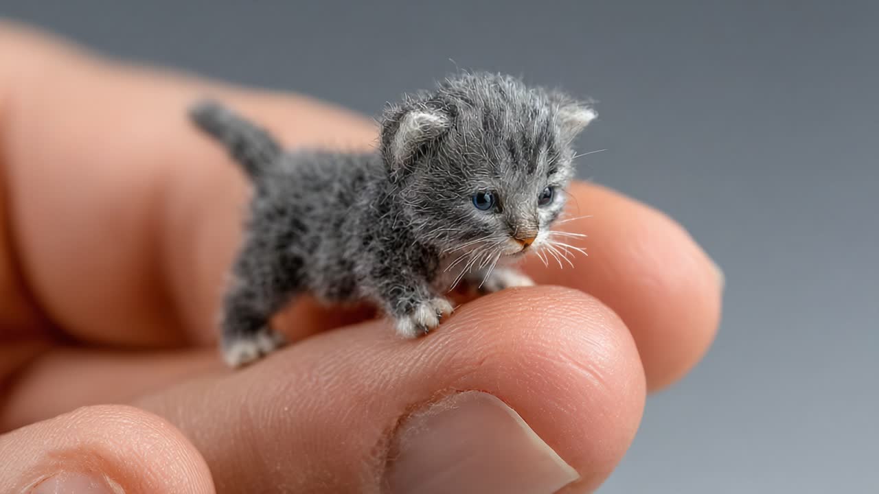 Una mano delicata che culla una minuscola e adorabile statuetta di un gattino grigio, che mette in mostra la precisione nell'arte miniaturizzata e l'artigianato nel regno degli oggetti da collezione