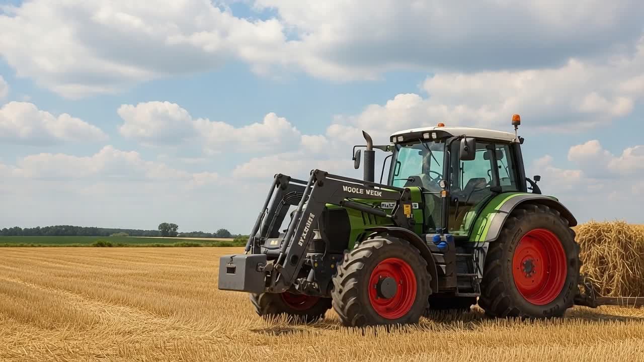Tractor Harvesting in Golden Fields: A Powerful Agricultural Machine at Work in Vast Farmland under a Bright Sky with Billowing Clouds