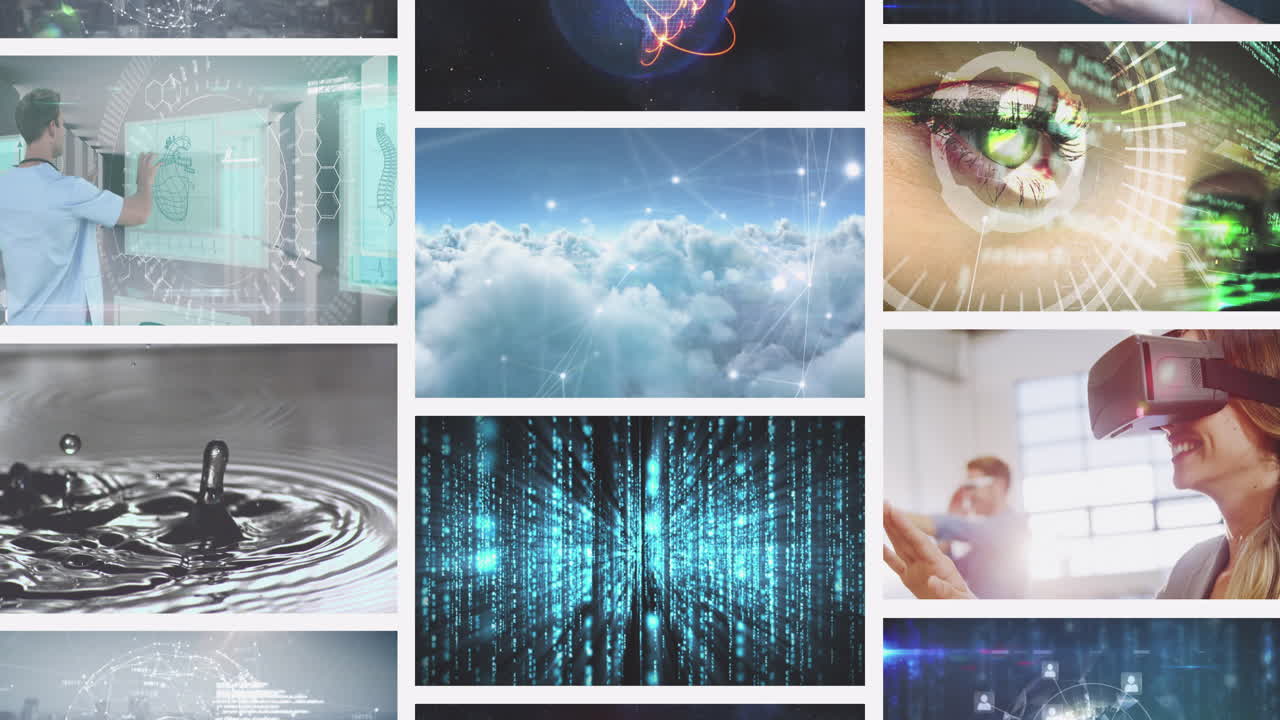 Composite animation of multiple scrolling business, leisure and technology screens