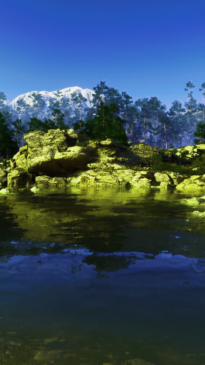 Mountain landscape with clear water and vibrant greenery during daylight