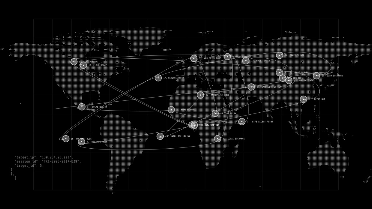 A high-tech digital heads-up display tracking global data packet routes across a technical world map interface with terminal readout logs.