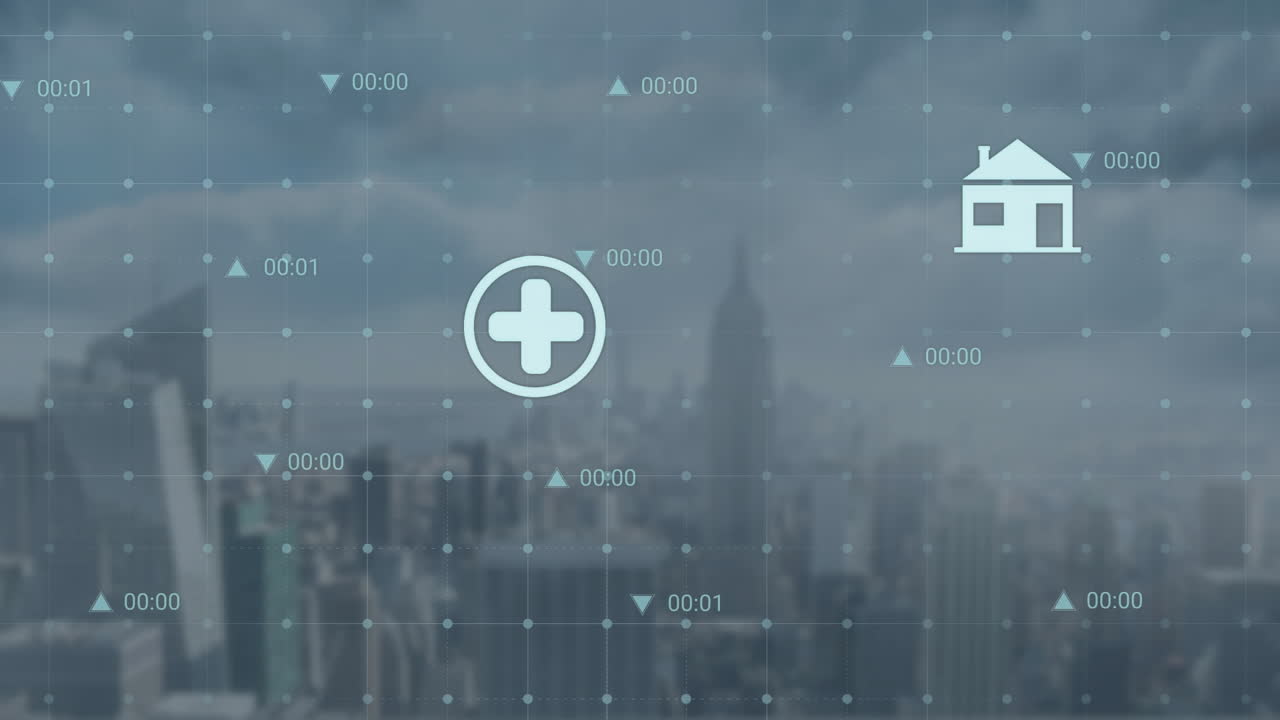 도시 풍경의 공중 시야에 대한 그리드 네트워크를 통해 여러 디지털 아이콘의 애니메이션