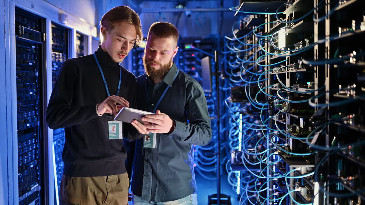 Two men analysing data in a server room