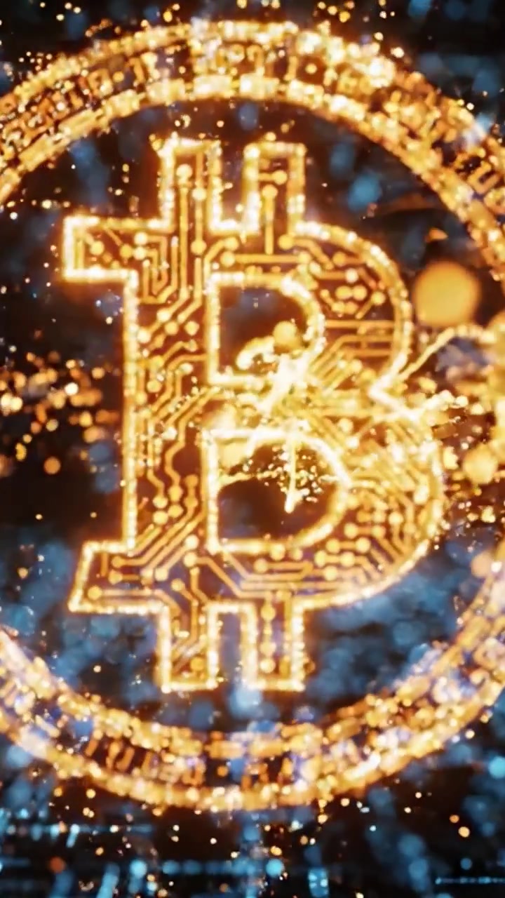 Esplorando il Regno Digitale: Un Viaggio dal Flusso di Dati alla Criptovaluta, Evidenziato da un Emblema Bitcoin su uno Sfondo Futuristico.