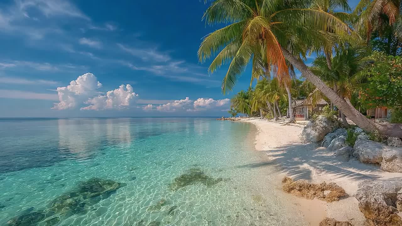 Eine ruhige tropische Strandszene mit kristallklarem Wasser, üppigen Palmen und friedlichen Wolken, die die Schönheit der Natur und Entspannung am Ufer zeigt
