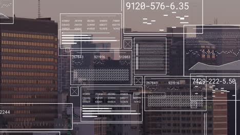 animación de interfaces con procesamiento de datos frente a una vista aérea del paisaje urbano
