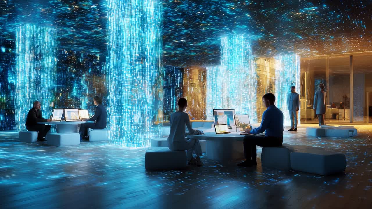 A Futuristic Digital Workspace with Interactive Displays and Dynamic Visualizations, Showcasing Advanced Technologies in a High-Tech Environment Promoting Collaborative Innovation