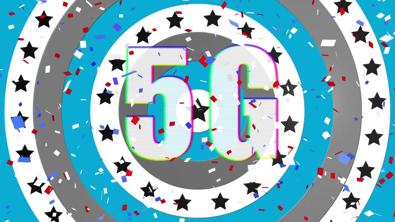 animación digital de confeti cayendo y texto 5g sobre estrellas en círculos giratorios sobre fondo azul