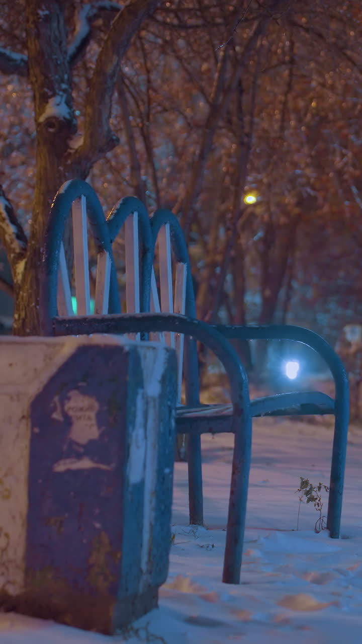 배경에 흐릿한 그림과 함께 부드러운 불빛으로 조명 된 눈 인 길에 빈 벤치, 반이는 헤드 라이트와 함께 지나가는 자동차, 그리고 눈으로 가득 찬 나무 아래의 진정 한 겨울 분위기