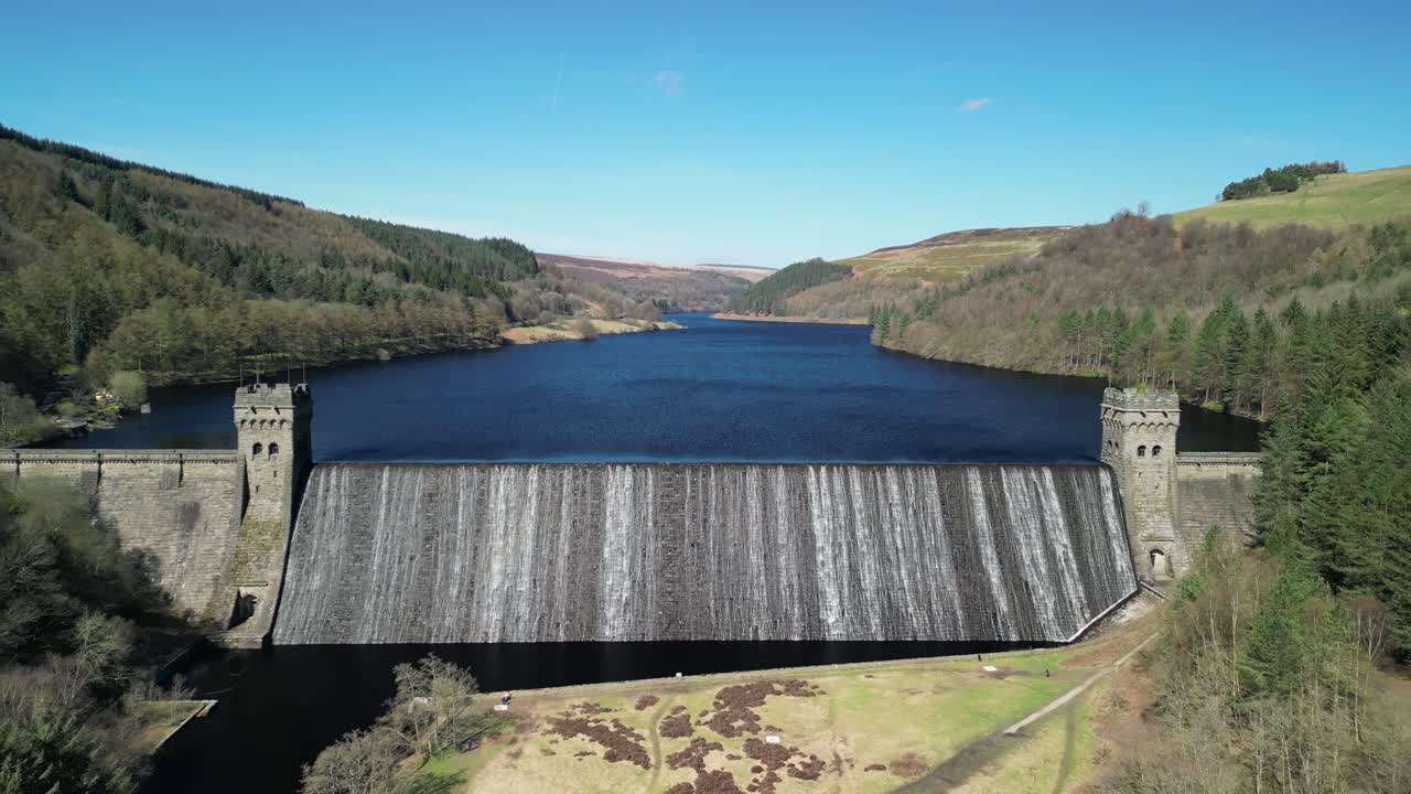 Aerial pull back reveal of the Derwent Dam and reservoir, home of the Dam Busters practice during the second world war