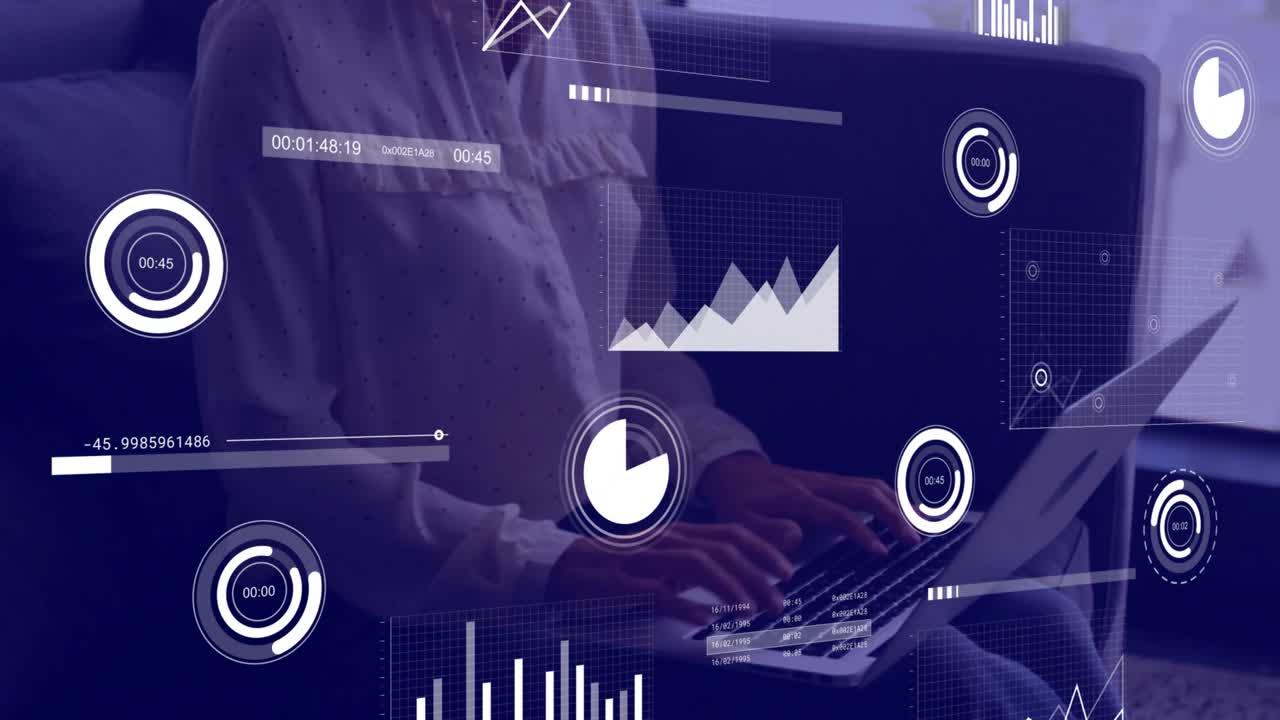 Animation of financial data processing over businesswoman using laptop in office