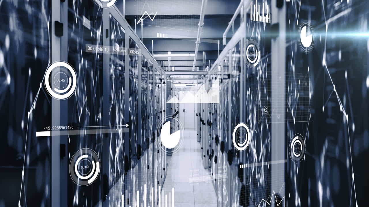 Animation of data processing and network of connections against computer server room