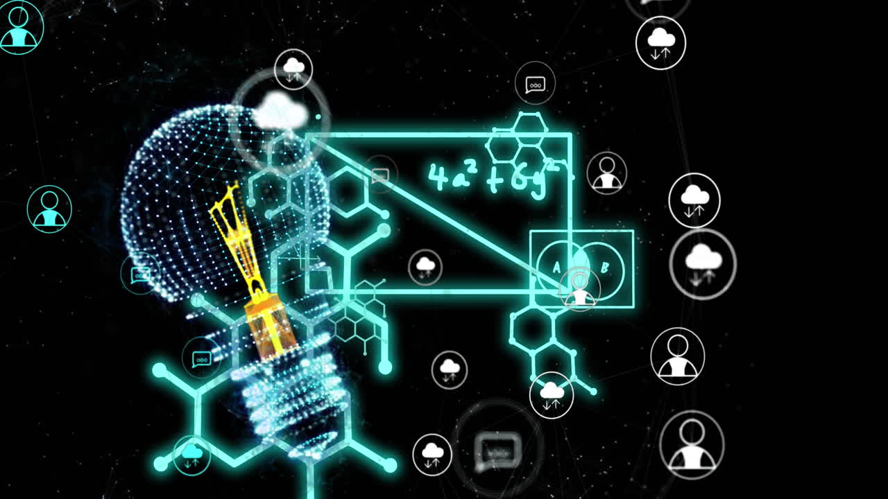 animación de la bombilla, los iconos de la nube, las conexiones y el procesamiento de datos