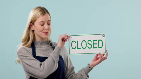 woman, waitress and closed sign of store