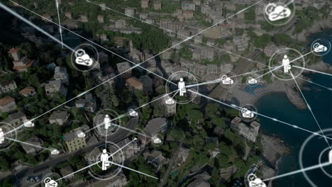 network of connections and data processing animation over aerial view of city