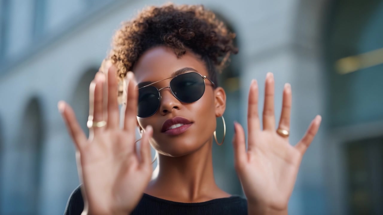 Donna elegante con occhiali da sole e capelli ricci assume una posa sicura, mostrando il suo senso della moda in un vivace ambiente urbano di giorno.