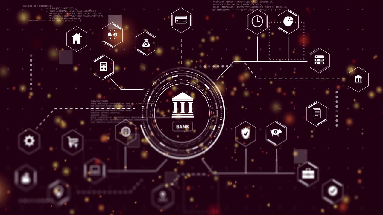 Digital network with glowing particles connecting banking technology icons