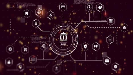 digital network with glowing particles connecting banking technology icons