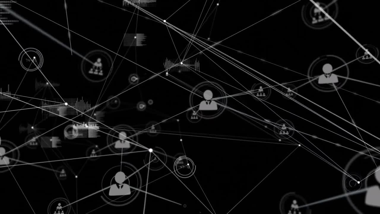 animación de la red de conexiones con iconos y procesamiento de datos sobre fondo negro