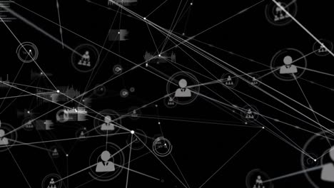 Animation-of-network-of-connections-with-icons-and-data-processing-on-black-background