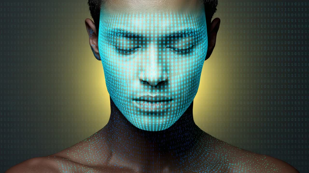 Standing bare chested man eyes closed for studio demo, cyan grid expanding yellow halo glowing