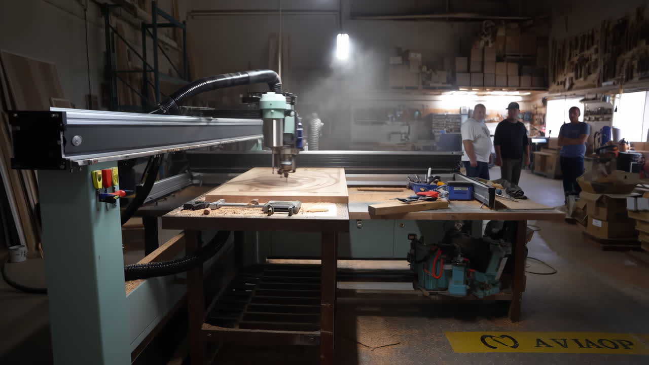 CNC Woodworking Machine in a Busy Workshop with Workers