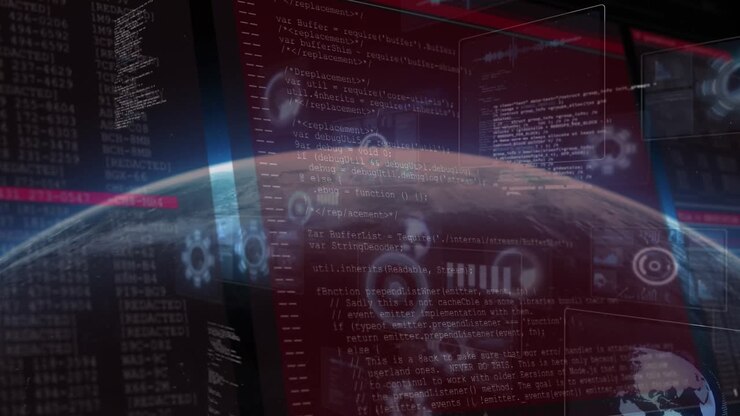 Animation of data processing on screen and scopes scanning over planet earth