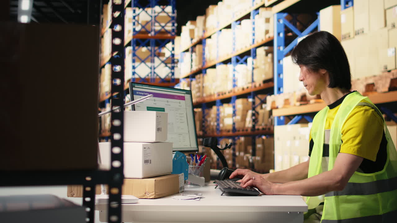 Vertical Video Asian depot worker in hi vis vest scanning barcode labels on boxes