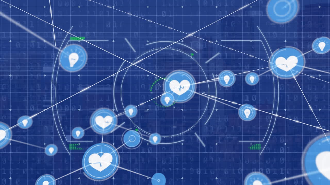 아이콘과 도시 풍경에 대한 범위 스캐닝으로 연결 네트워크의 애니메이션