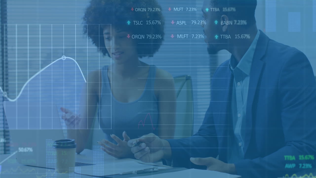 Animation of stock market data processing over diverse man and woman discussing at office